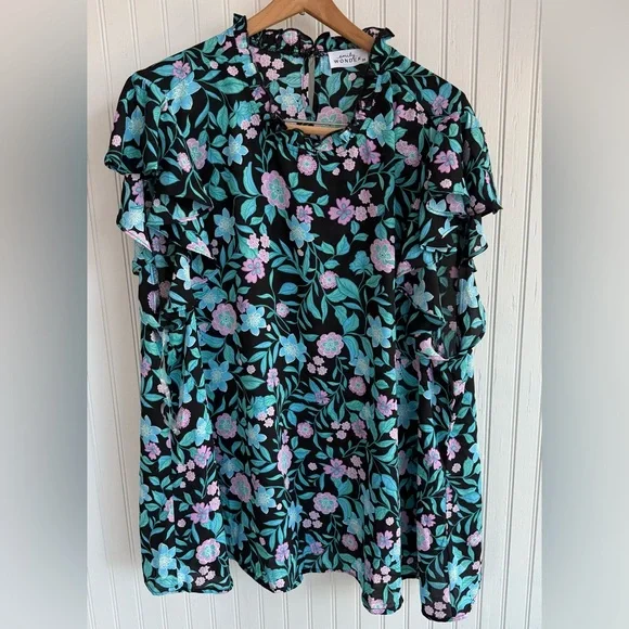 Emily Wonder Floral Ruffle Sleeve Women’s Teal Top Size 3X - Picture 1 of 5
